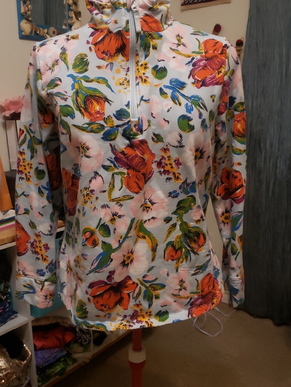 Vera Bradley White Quarter-Zip Sweatshirt with Orange & Green Floral Print
